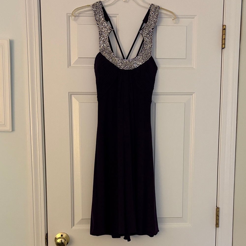 JS Boutique Plum Embellished Black Cocktail Dress with Beaded Neckline